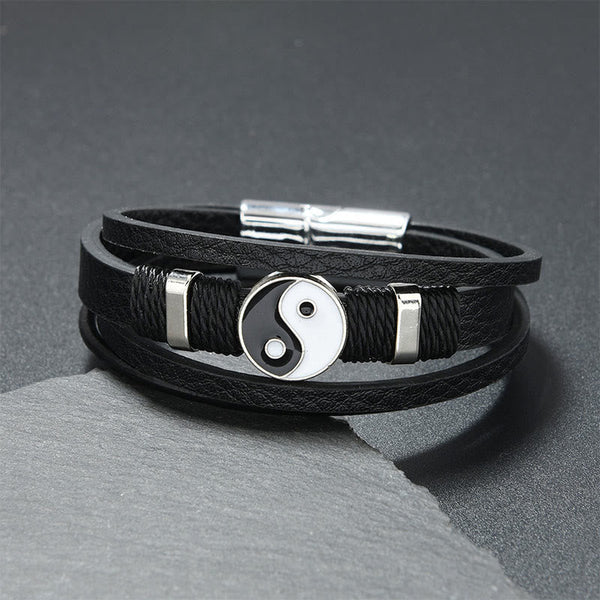 Yin Yang Leather Balance Bracelet – black leather layered bracelet with silver yin-yang charm on dark stone, leather bracelet