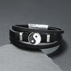 Yin Yang Leather Balance Bracelet – black leather layered bracelet with silver yin-yang charm on dark stone, leather bracelet