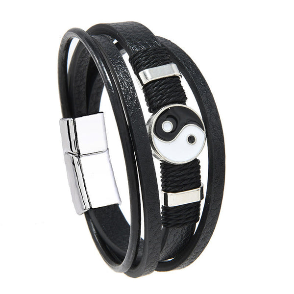 Yin Yang Leather Balance Bracelet – multi-layer black leather bracelet with yin-yang centerpiece on white background, men ...