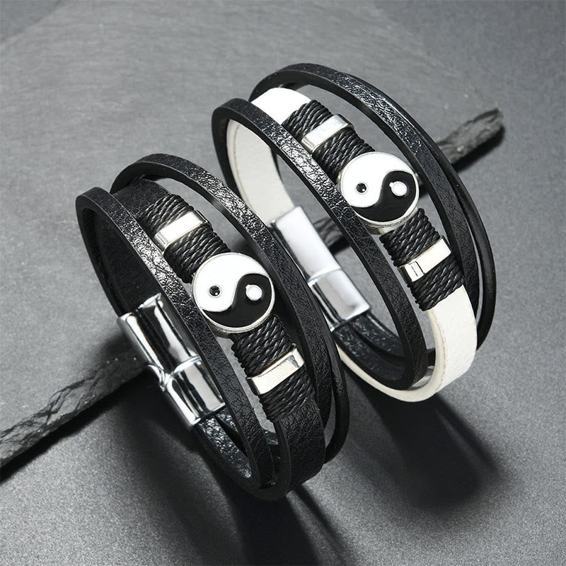 Yin Yang Leather Balance Bracelet – two matching black leather yin-yang bracelets side by side, couples bracelet set