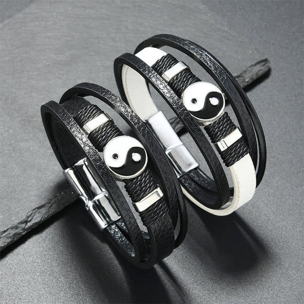 Yin Yang Leather Balance Bracelet – two matching black leather yin-yang bracelets side by side, couples bracelet set