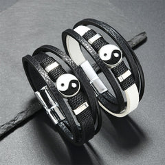 Yin Yang Leather Balance Bracelet – two matching black leather yin-yang bracelets side by side, couples bracelet set