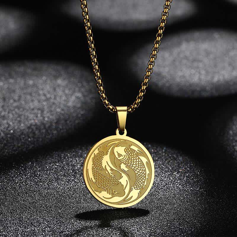 Stainless Steel Double Koi Fish Pendant – close-up of polished steel koi fish detail with reflective surface