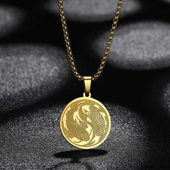 Stainless Steel Double Koi Fish Pendant – close-up of polished steel koi fish detail with reflective surface