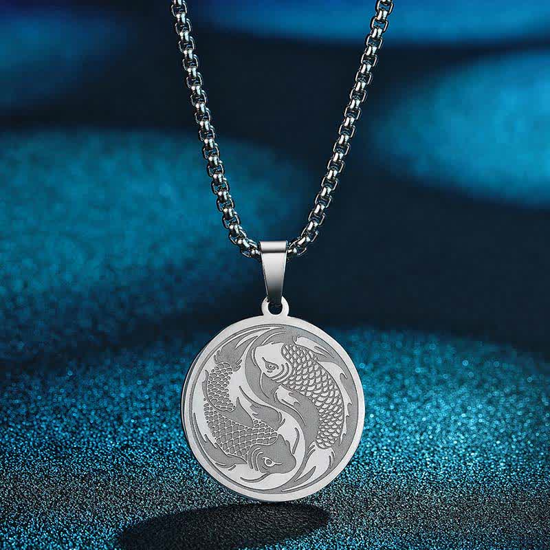 Stainless Steel Double Koi Fish Pendant – chain and clasp close-up with lobster closure, steel necklace detail