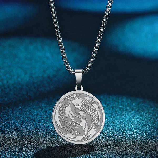 Stainless Steel Double Koi Fish Pendant – chain and clasp close-up with lobster closure, steel necklace detail