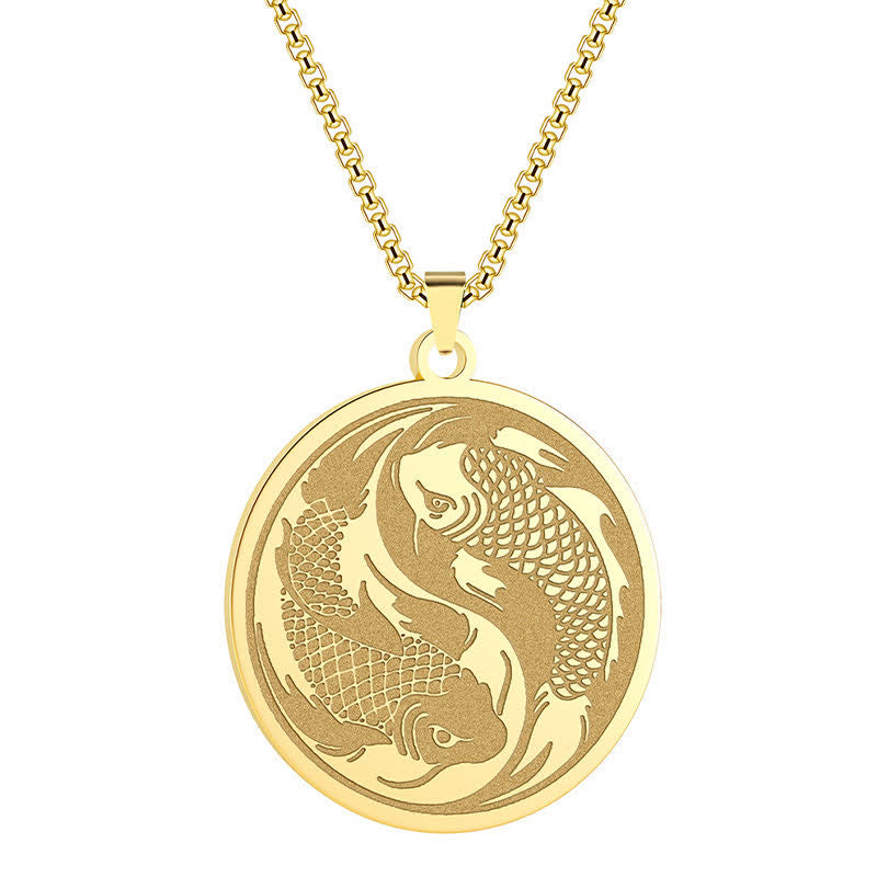 Stainless Steel Double Koi Fish Pendant – pendant worn on neck showing silver koi design against skin