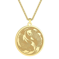 Stainless Steel Double Koi Fish Pendant – pendant worn on neck showing silver koi design against skin