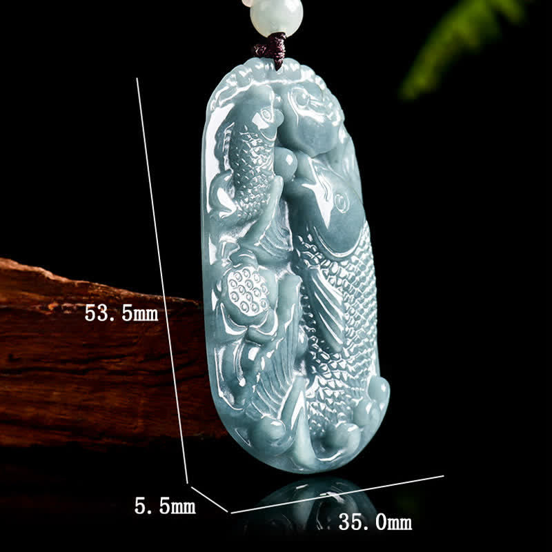 Natural Jade Double Koi Fish Necklace – jade material features card with natural stone benefits and properties