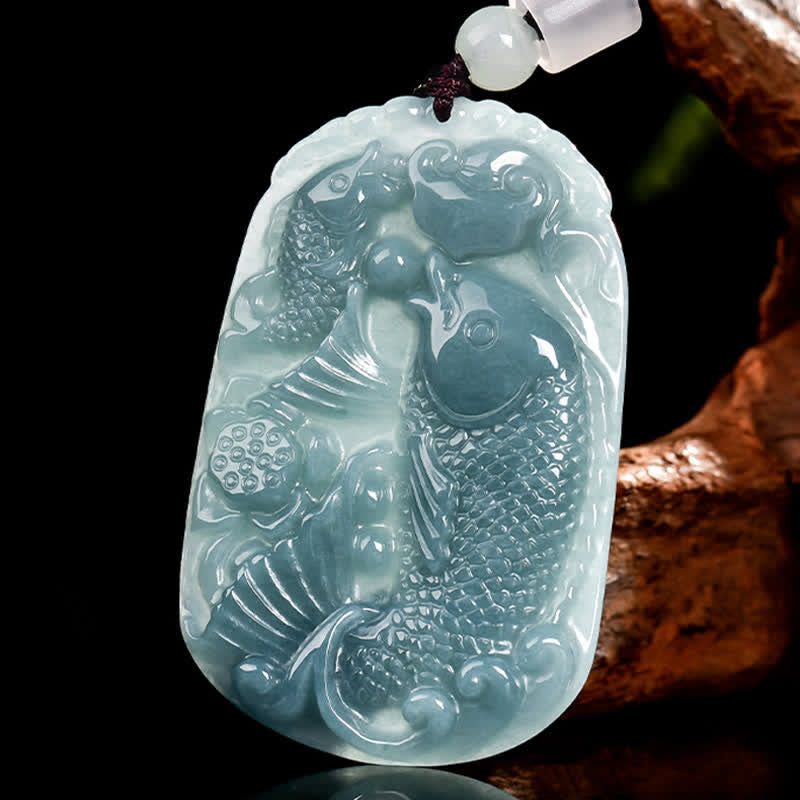 Natural Jade Double Koi Fish Necklace – pendant worn on neck displaying jade color against skin, prosperity necklace