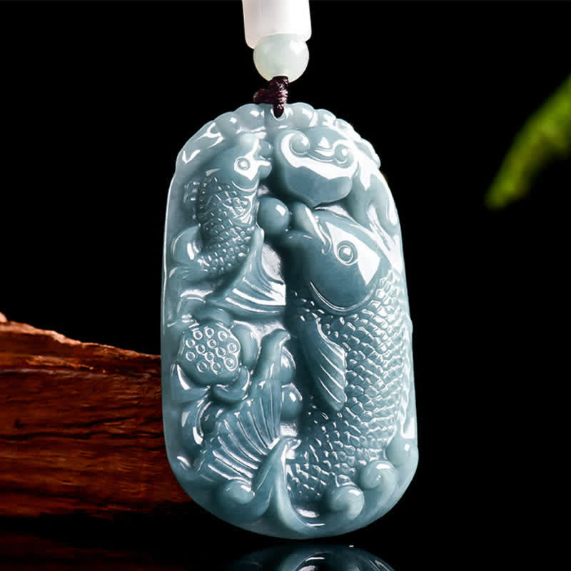 Natural Jade Double Koi Fish Necklace – green jade twin koi pendant on red braided rope, prosperity amulet jewelry