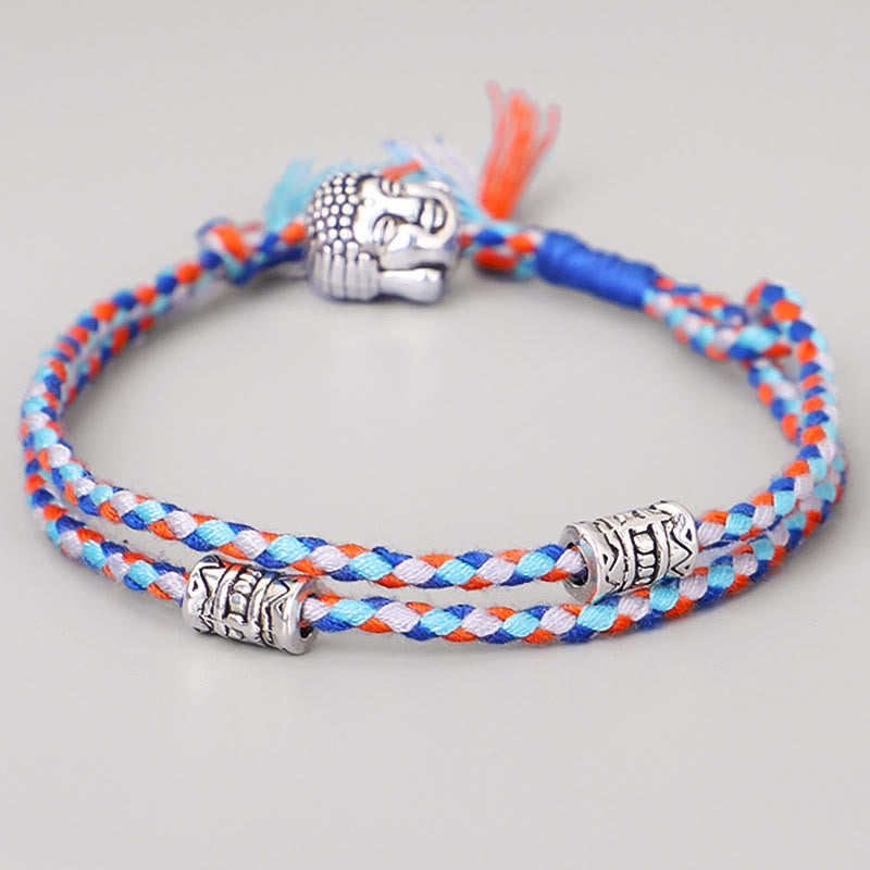 Buddha Head Serenity String Bracelet – Blue orange braided cord with silver Buddha head, peace charm