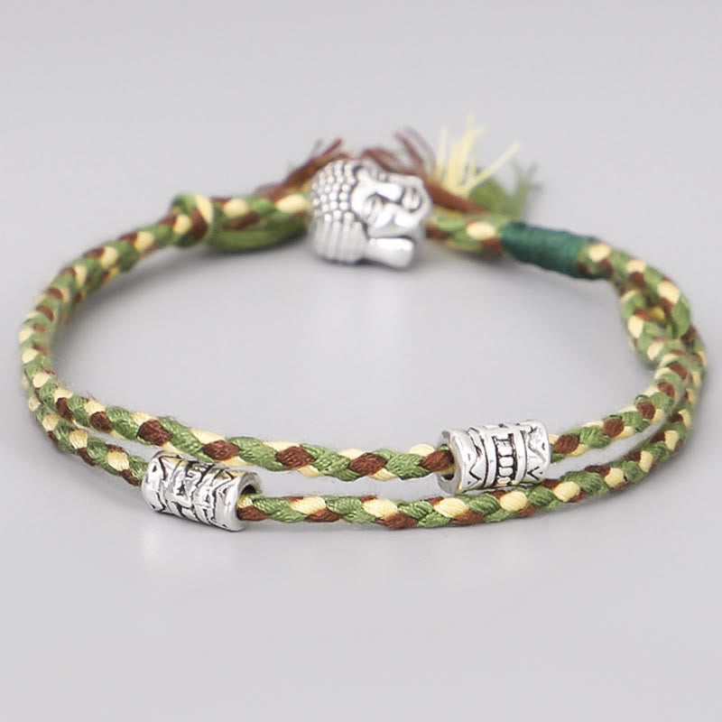 Buddha Head Serenity String Bracelet – Olive green brown braided cord with silver Buddha head, earthy style