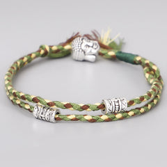 Buddha Head Serenity String Bracelet – Olive green brown braided cord with silver Buddha head, earthy style