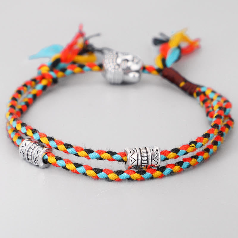 Buddha Head Serenity String Bracelet – Vibrant braided bracelet with silver Buddha and scripture beads, bold colors