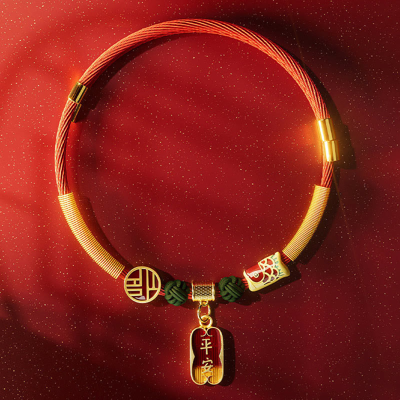 Red String Bead Fu Pet Collar – flat lay with fu disc charm, green knots, fish bead, ping'an tag, gold glitter