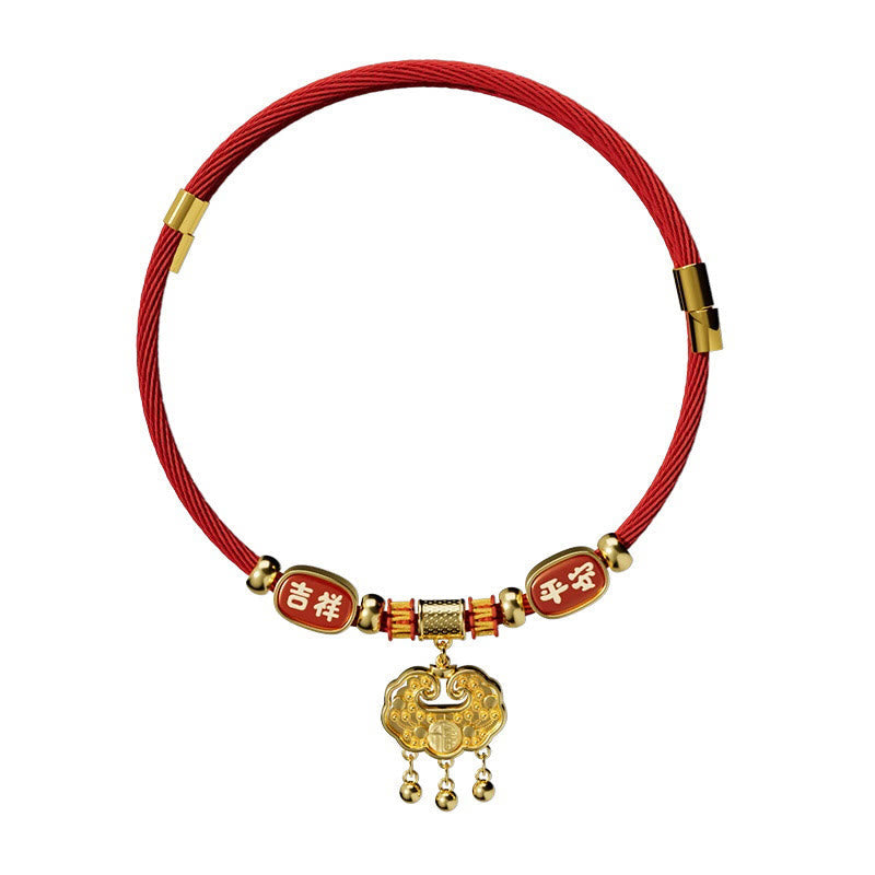 Red String Bead Fu Pet Collar – frontal on white background, red cord, gold ruyi lock, jixiang ping'an, 3 bells