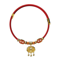 Red String Bead Fu Pet Collar – frontal on white background, red cord, gold ruyi lock, jixiang ping'an, 3 bells