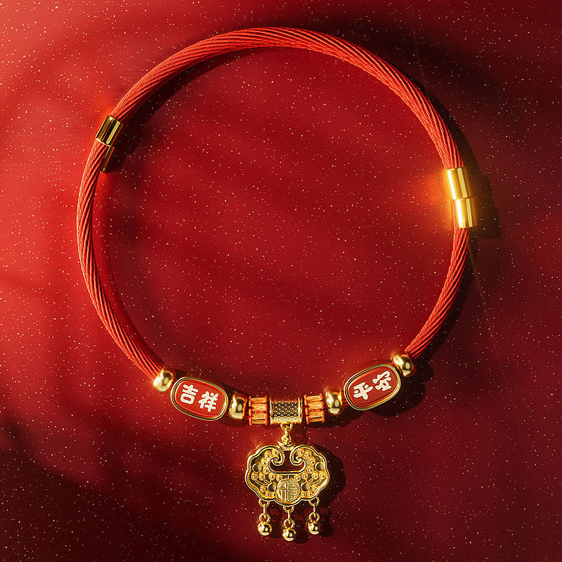 Red String Bead Fu Pet Collar – top-down flat lay, red cord with gold fu lock, jixiang ping'an plates, gold glitter