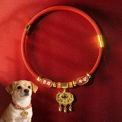 Red String Bead Fu Pet Collar – dual display, collar flat lay with dog model, fu lock, jixiang ping'an, 3 bells