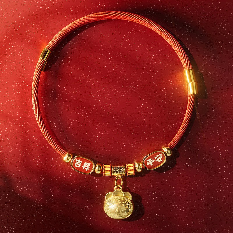 Red String Bead Fu Pet Collar – flat lay with jixiang ping'an slider charms, gold lock, barrel clasps, glitter