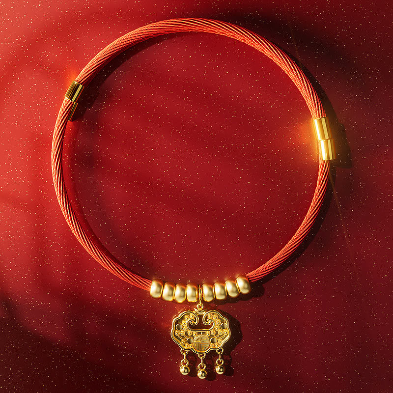 Red String Bead Fu Pet Collar – flat lay, metallic-thread cord, gold beads, ruyi lock with fu, 3 bells, seven beads