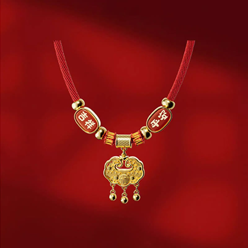 Red String Bead Fu Pet Collar – close-up pendant on red, gold ruyi lock with fu, jixiang ruyi plates, 3 bells