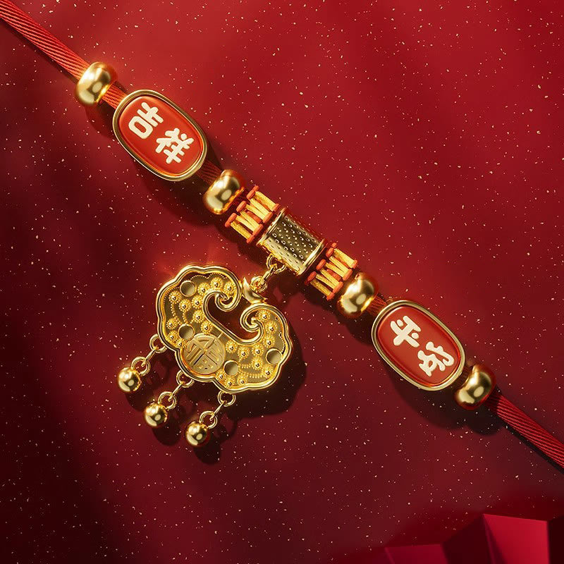 Red String Bead Fu Pet Collar – diagonal macro, gold ruyi lock with fu, jixiang ping'an plaques, cylindrical bead
