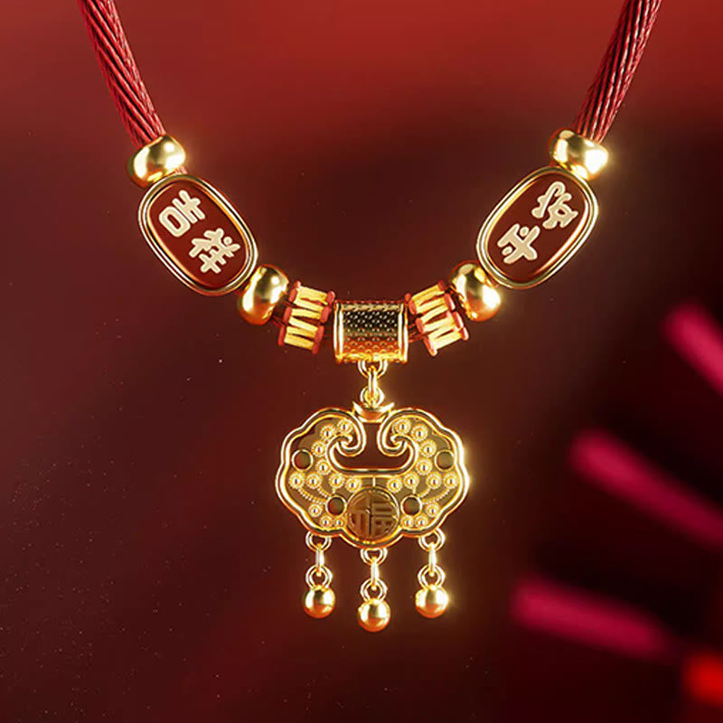 Red String Bead Fu Pet Collar – macro gold lock pendant with fu, jixiang ping'an beads, 3 bells, red bokeh