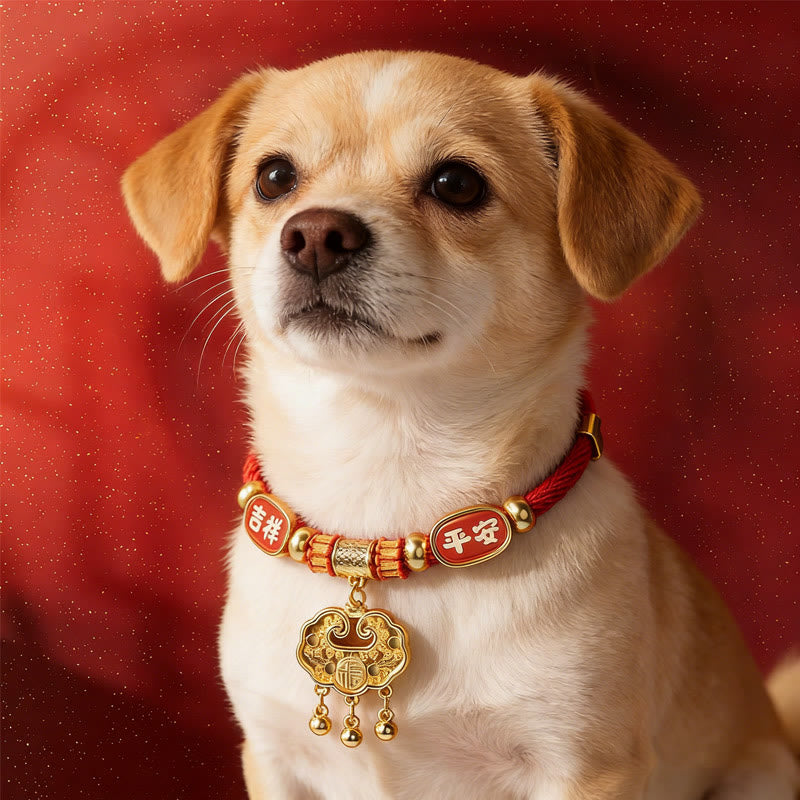 Red String Bead Fu Pet Collar – dog wearing red cord, gold fu lock, jixiang ping'an plates, 3 bells, red background