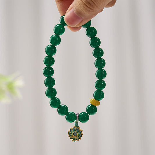 Green Agate Lotus Charm Beaded Bracelet - Handheld drape with golden lotus charm and honey-yellow stone, gemstone bracelet