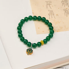 Green Agate Lotus Charm Beaded Bracelet - Full loop with cloisonne lotus pendant and yellow accent bead, agate jewelry