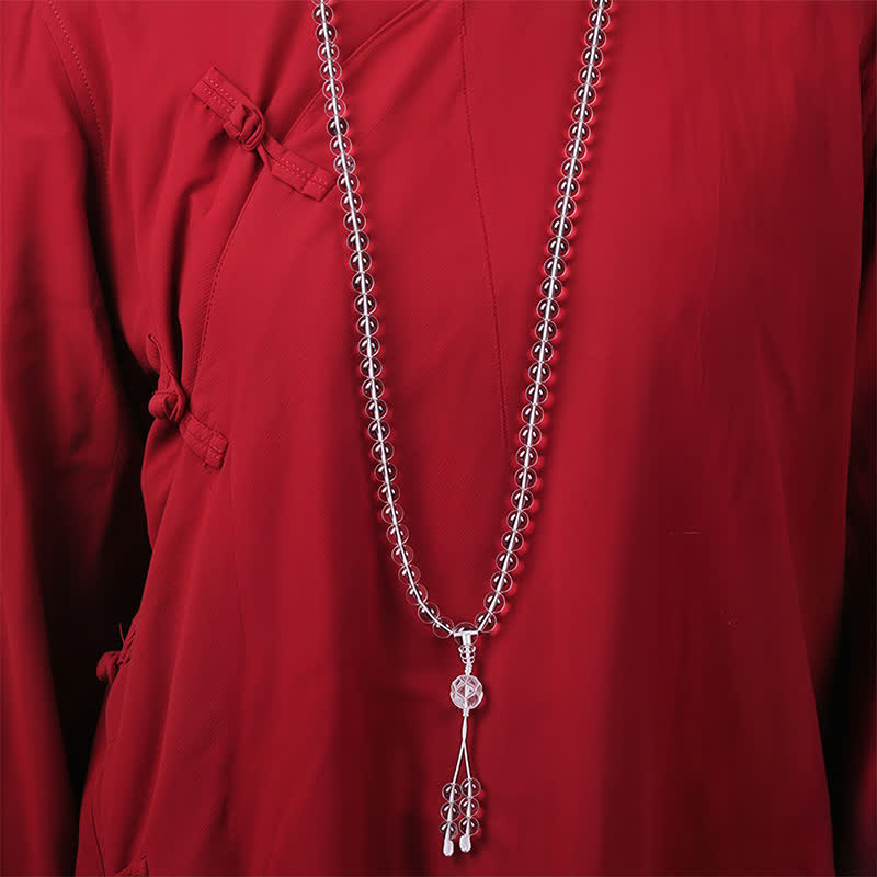 Liuli Lotus 108 Bead Mala - worn over traditional Chinese garment with silver spacers, crystal necklace