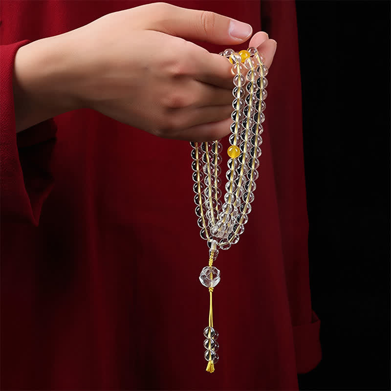 Liuli Lotus 108 Bead Mala - hand-held with amber accents and red sleeve, crystal mala necklace
