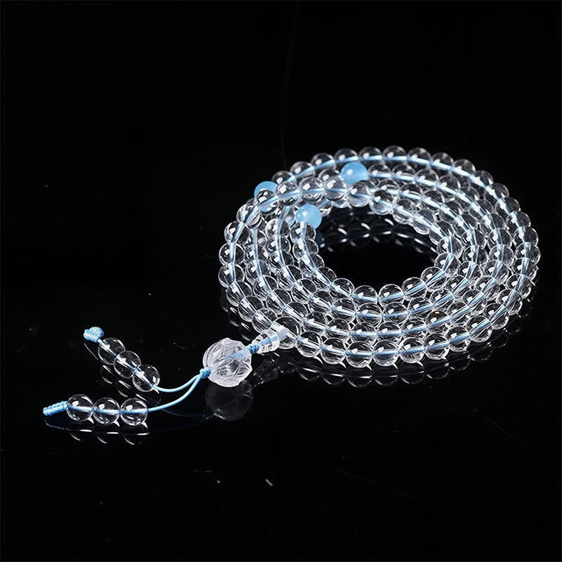 Liuli Lotus 108 Bead Mala - coiled with blue accent beads and lotus-carved guru bead, crystal mala
