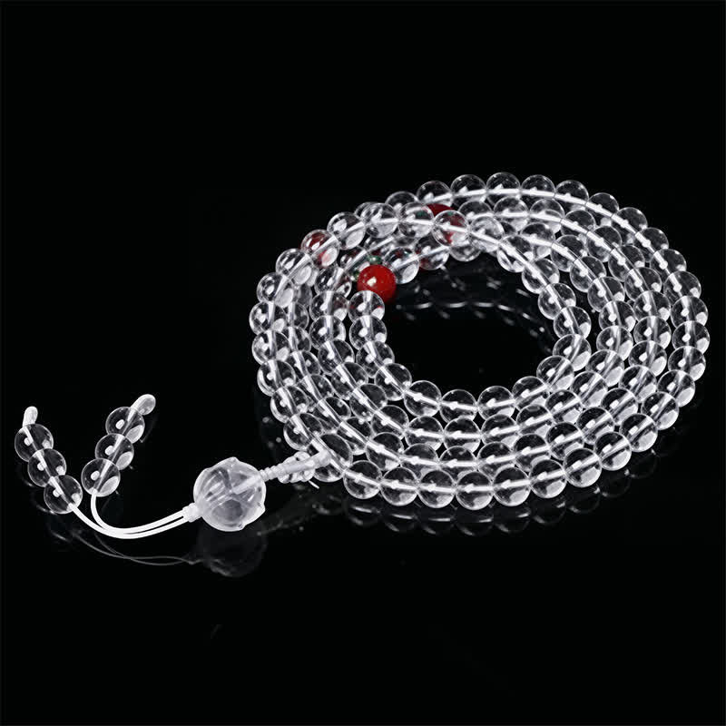 Liuli Lotus 108 Bead Mala - 45-degree coiled view on black background, crystal prayer beads