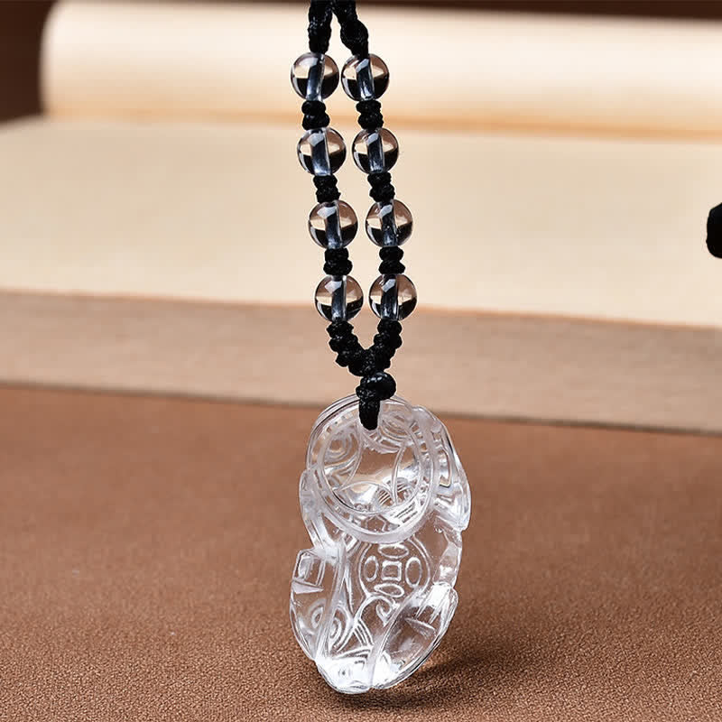 Natural Clear Quartz Pixiu Clarity Beads Rope Necklace Adjustable – Back angle view of carved quartz Pixiu pendant