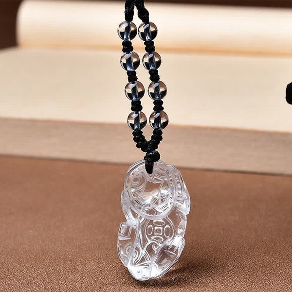 Natural Clear Quartz Pixiu Clarity Beads Rope Necklace Adjustable – Back angle view of carved quartz Pixiu pendant