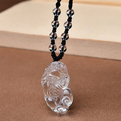 Natural Clear Quartz Pixiu Clarity Beads Rope Necklace Adjustable – Close-up front view of Pixiu pendant and beads