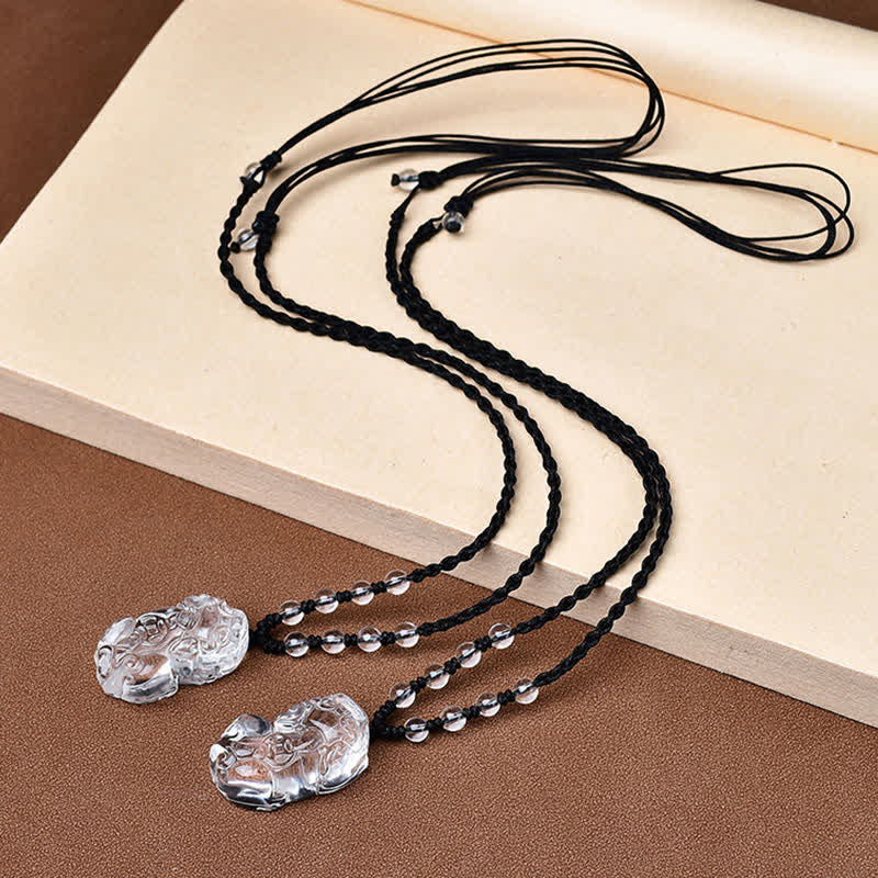 Natural Clear Quartz Pixiu Clarity Beads Rope Necklace Adjustable – Two necklaces laid flat showing full rope length