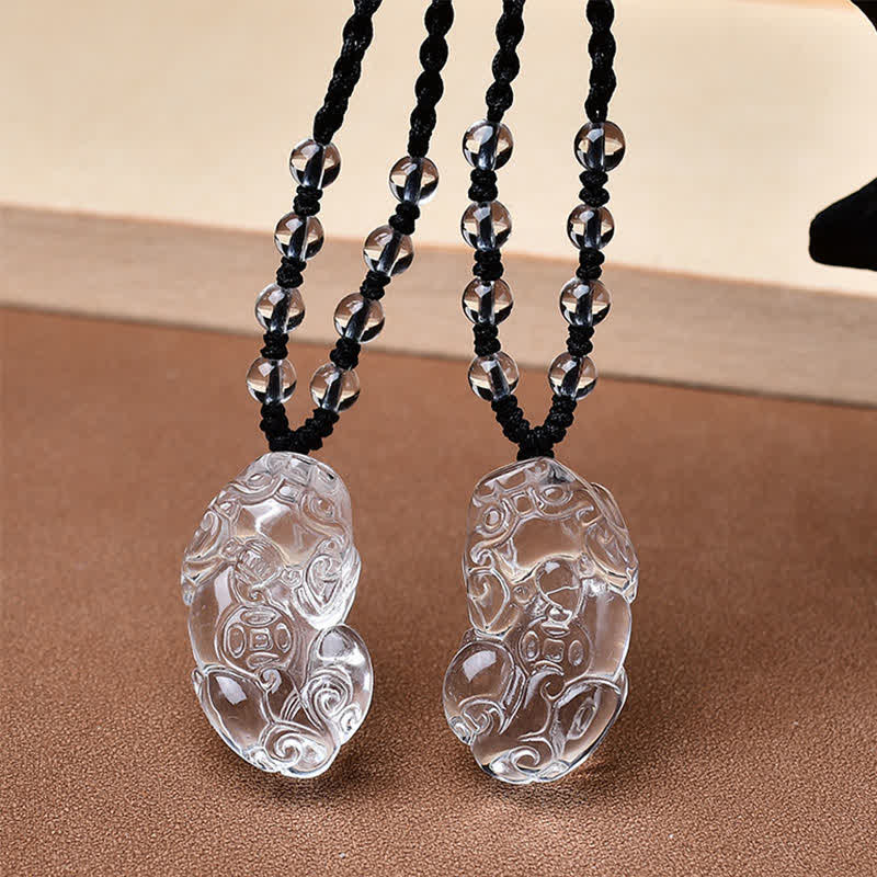 Natural Clear Quartz Pixiu Clarity Beads Rope Necklace Adjustable – Two necklaces side by side on brown surface