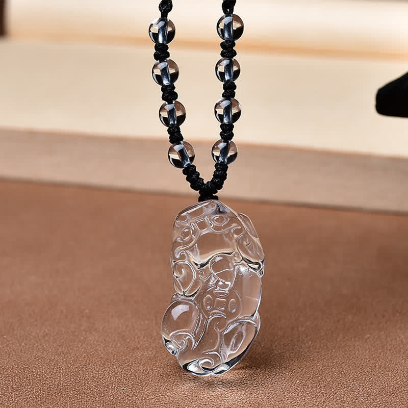 Natural Clear Quartz Pixiu Clarity Beads Rope Necklace Adjustable – Close-up angled view of clear quartz Pixiu charm
