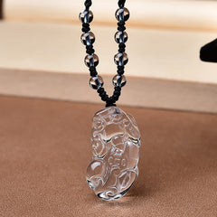 Natural Clear Quartz Pixiu Clarity Beads Rope Necklace Adjustable – Close-up angled view of clear quartz Pixiu charm