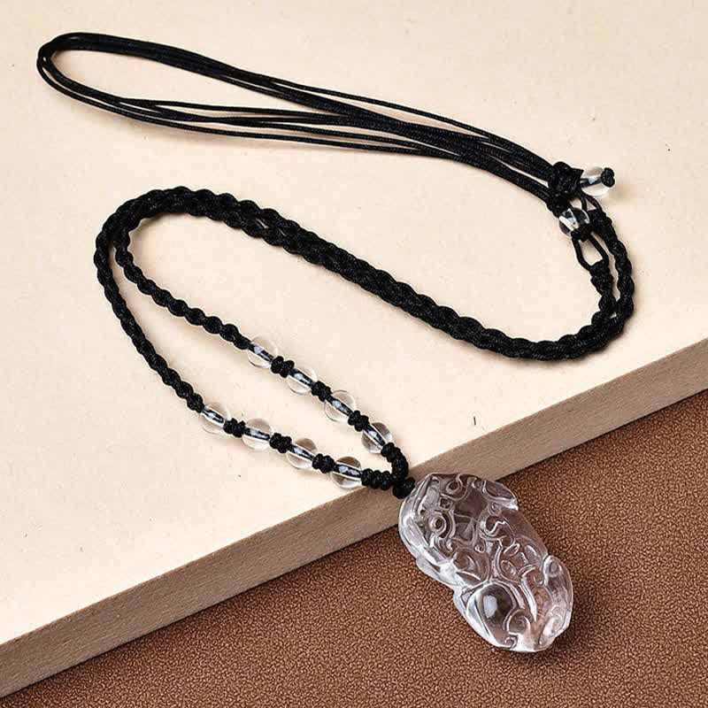 Natural Clear Quartz Pixiu Clarity Beads Rope Necklace Adjustable – Full length necklace laid flat on beige surface