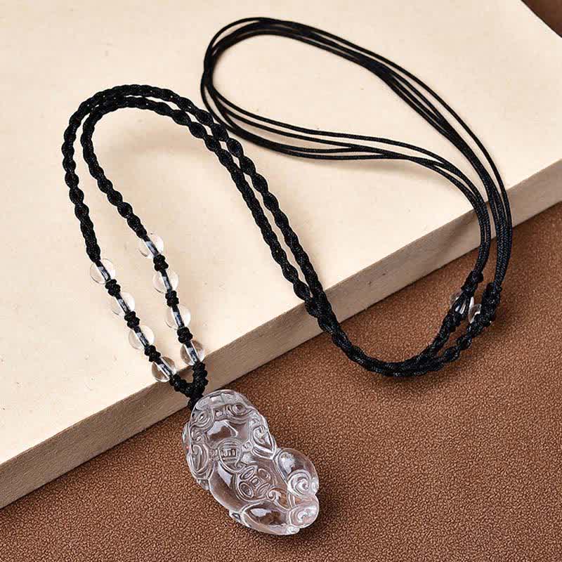 Natural Clear Quartz Pixiu Clarity Beads Rope Necklace Adjustable – Full necklace on beige surface, clear quartz pendant
