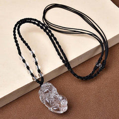 Natural Clear Quartz Pixiu Clarity Beads Rope Necklace Adjustable – Full necklace on beige surface, clear quartz pendant