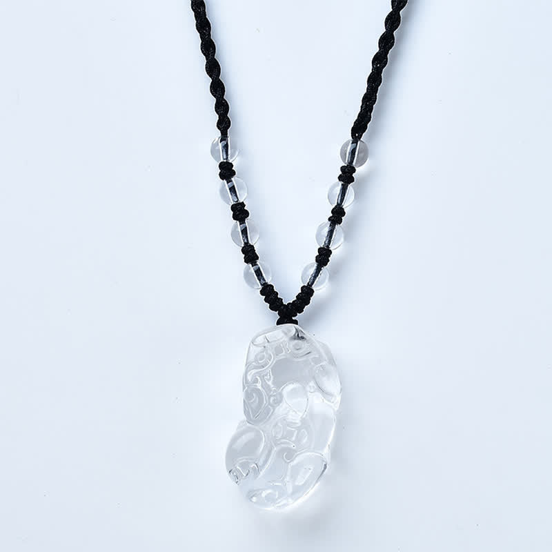 Natural Clear Quartz Pixiu Clarity Beads Rope Necklace Adjustable – Necklace on white background, adjustable rope cord