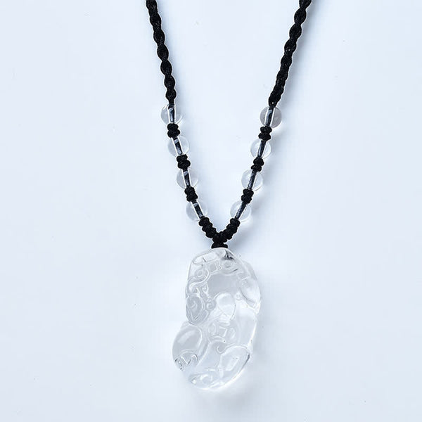 Natural Clear Quartz Pixiu Clarity Beads Rope Necklace Adjustable – Necklace on white background, adjustable rope cord