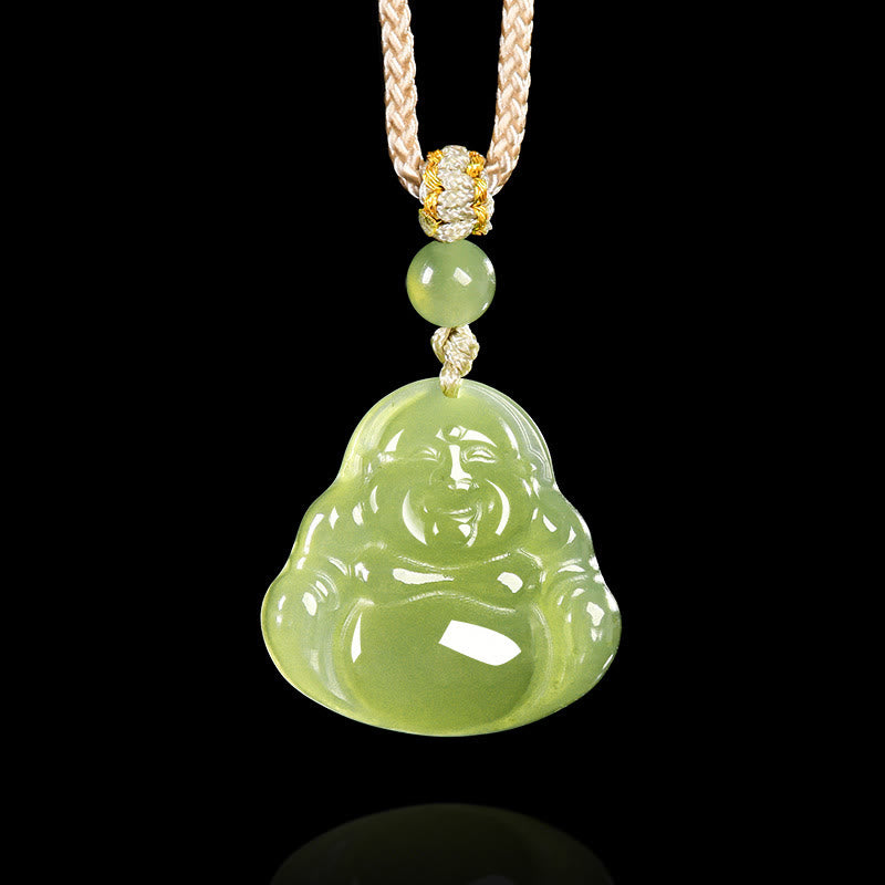 Green Jade Laughing Buddha Prosperity Rope Necklace Pendant – front view of jade Buddha smiling, prosperity charm