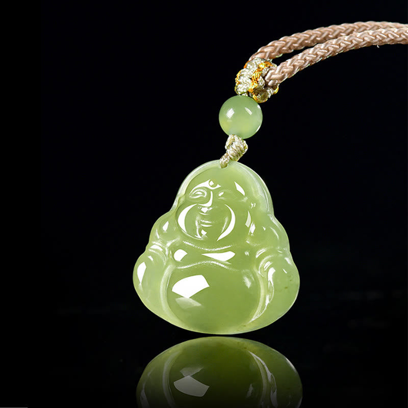 Green Jade Laughing Buddha Prosperity Rope Necklace Pendant – close-up of translucent green jade texture, gemstone detail